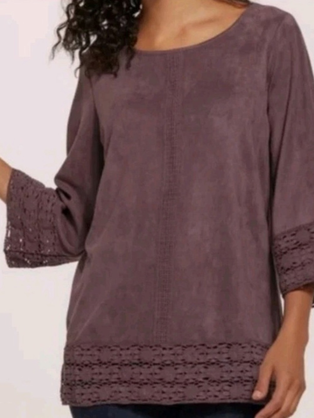 Soft Surroundings Suede-Like Lace-Hem Round Neck Tunic - Dusty Mauve